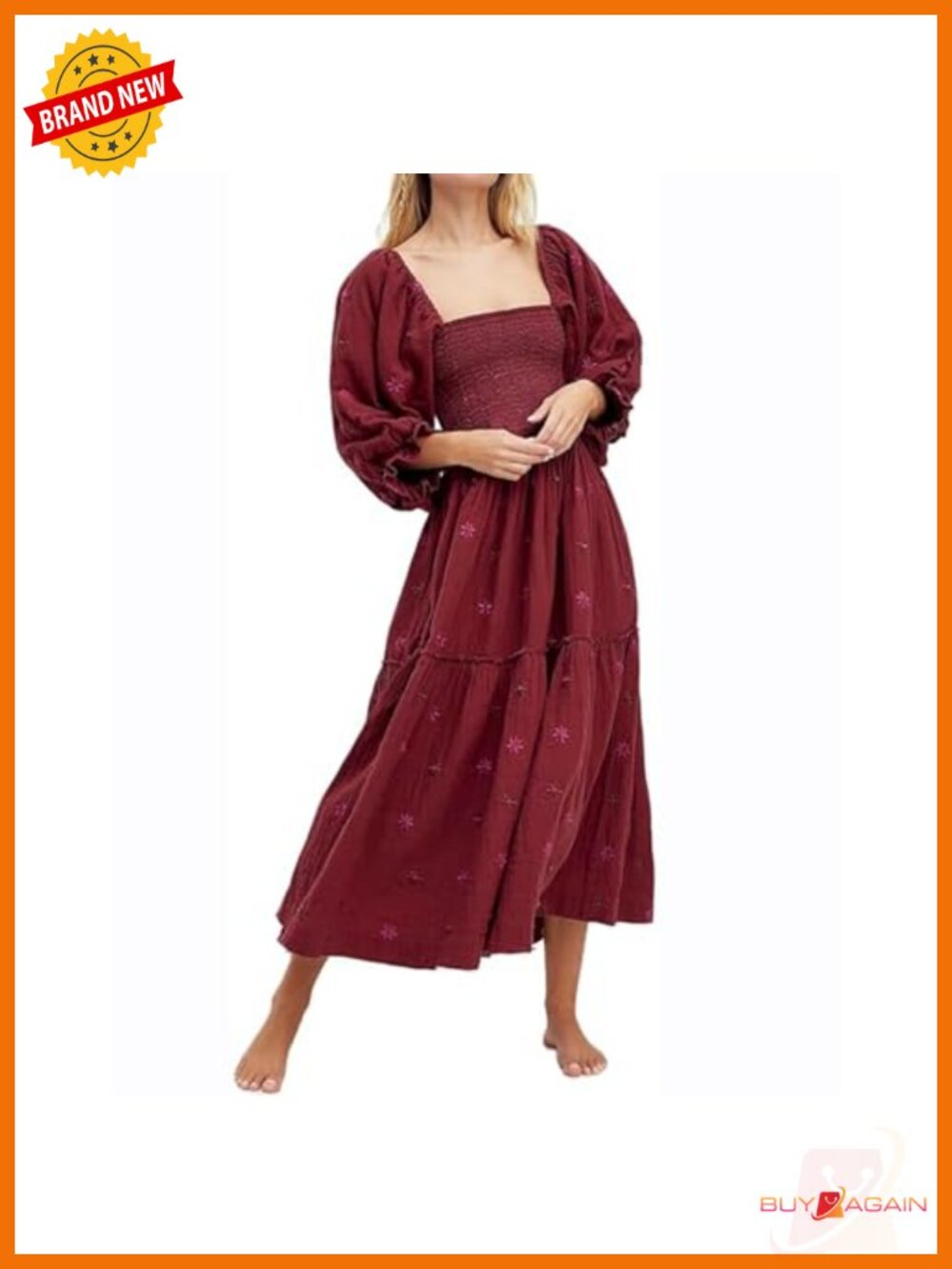 Women Floral Embroidered Maxi Dress Long Puff Sleeve Square Neck Bohemian